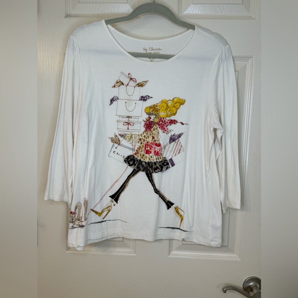 Chico's White Graphic Long Sleeve Tee